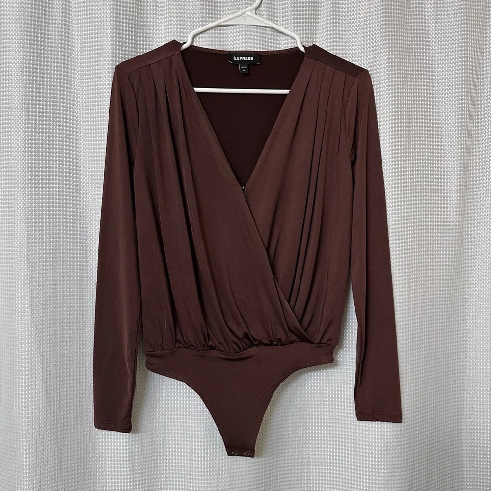 Express • Long-Sleeve Wrap Front Bodysuit • Chocolate Brown • Size XS - Picture 2 of 8